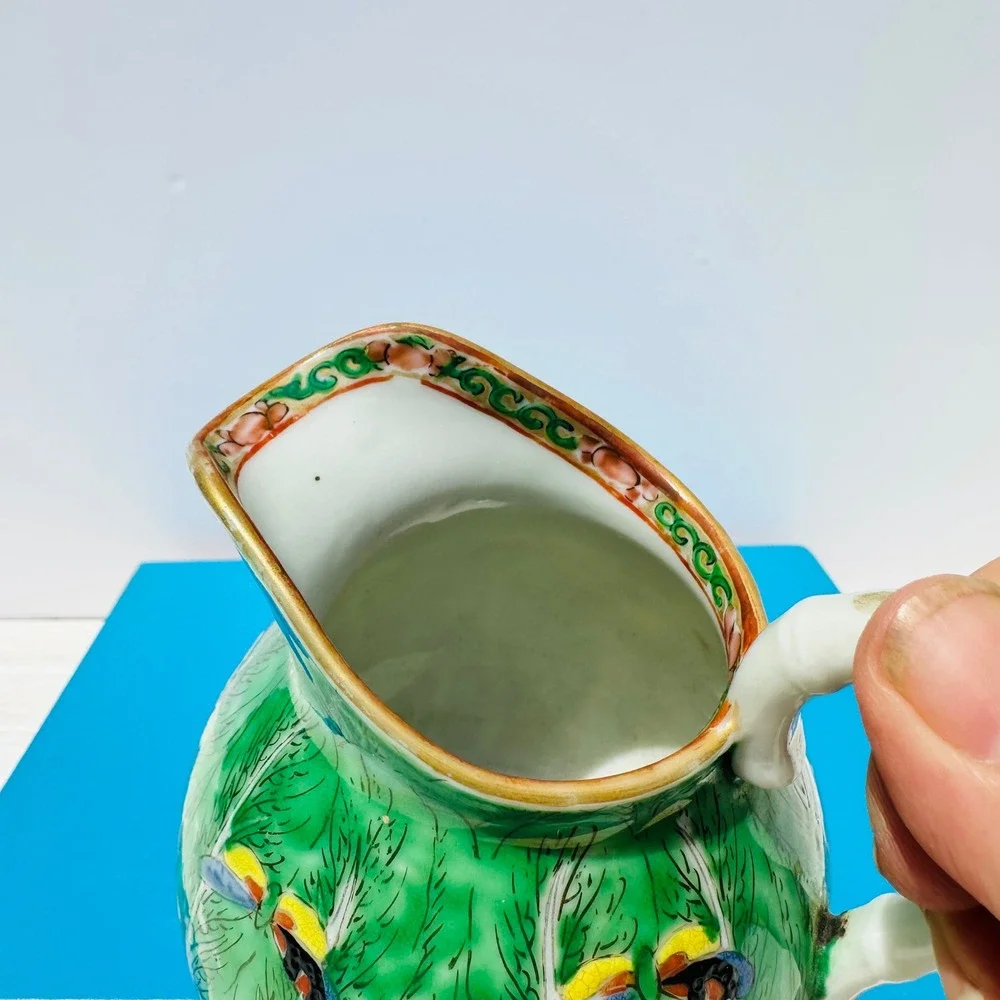 Antique Hand Painted Bok Choy Cabbage Porcelain Pitcher Bamboo Handle Creamer